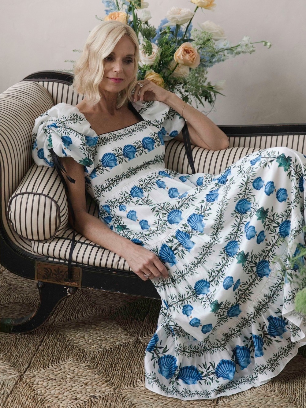 ANTONIO MELANI White Maxi Dress with Blue Shell Print and Puff Sleeves